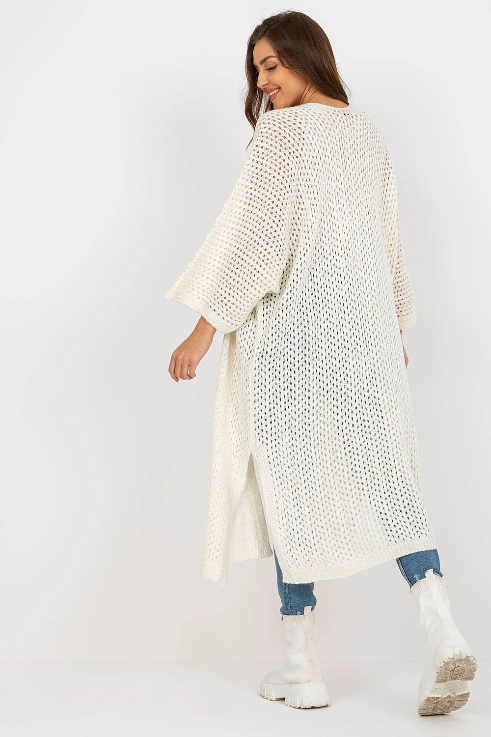 Cardigan long pour femme en tricot ajouré style bohème matières mixtes acrylique polyamide viscose laine