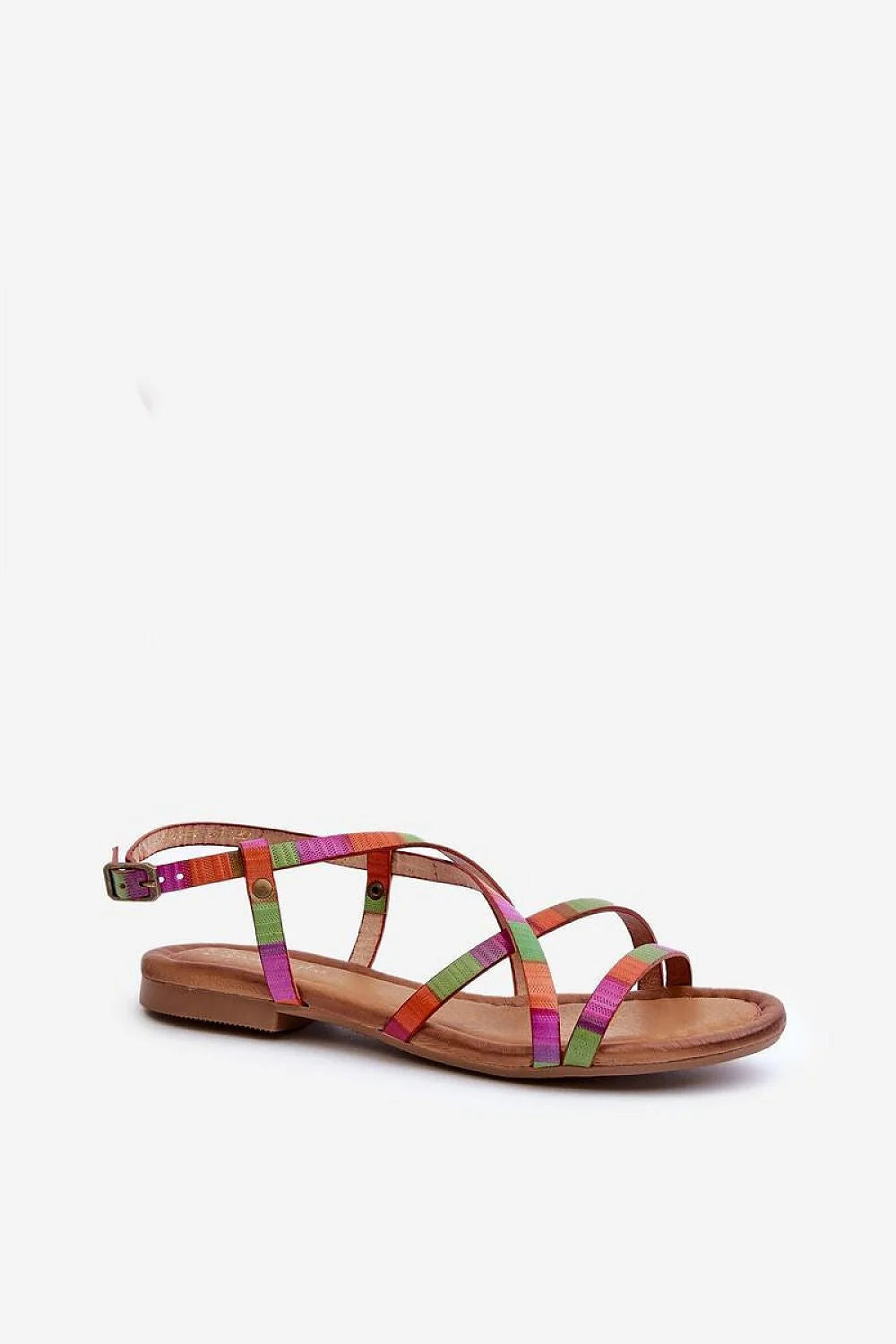 sandales plates cuir naturel multicolore lanières croisées ajustables boucle cheville semelle brun clair confort durable artisanal féminine estivale