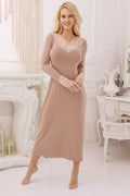 chemise nuit longue manches longues dentelle florale col pointe jersey viscose stretch beige rosé fluide cheville cadeau emballage