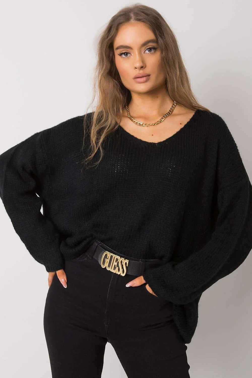 Pull pour femme Chandail Och Bella en acrylique et laine manches longues encolure V coupe ample finitions côtelées gris clair
