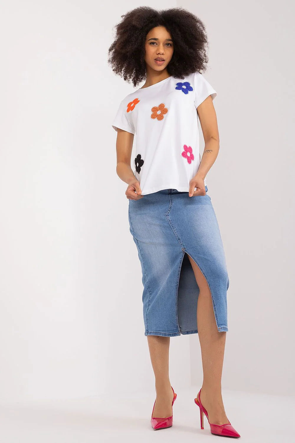 T-shirt femme casual à floral appliqués multicolores coton blend court manches col rond