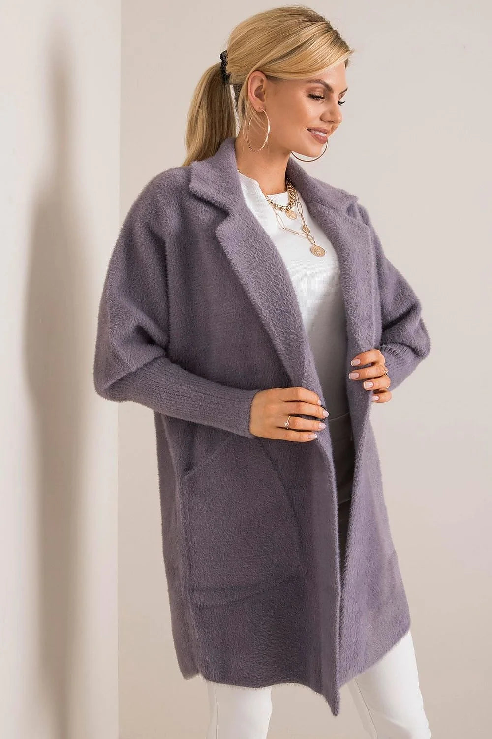 Manteau MBM pour femme coupe droite longueur mi-cuisse poches latérales col à revers matériau doux automne-hiver