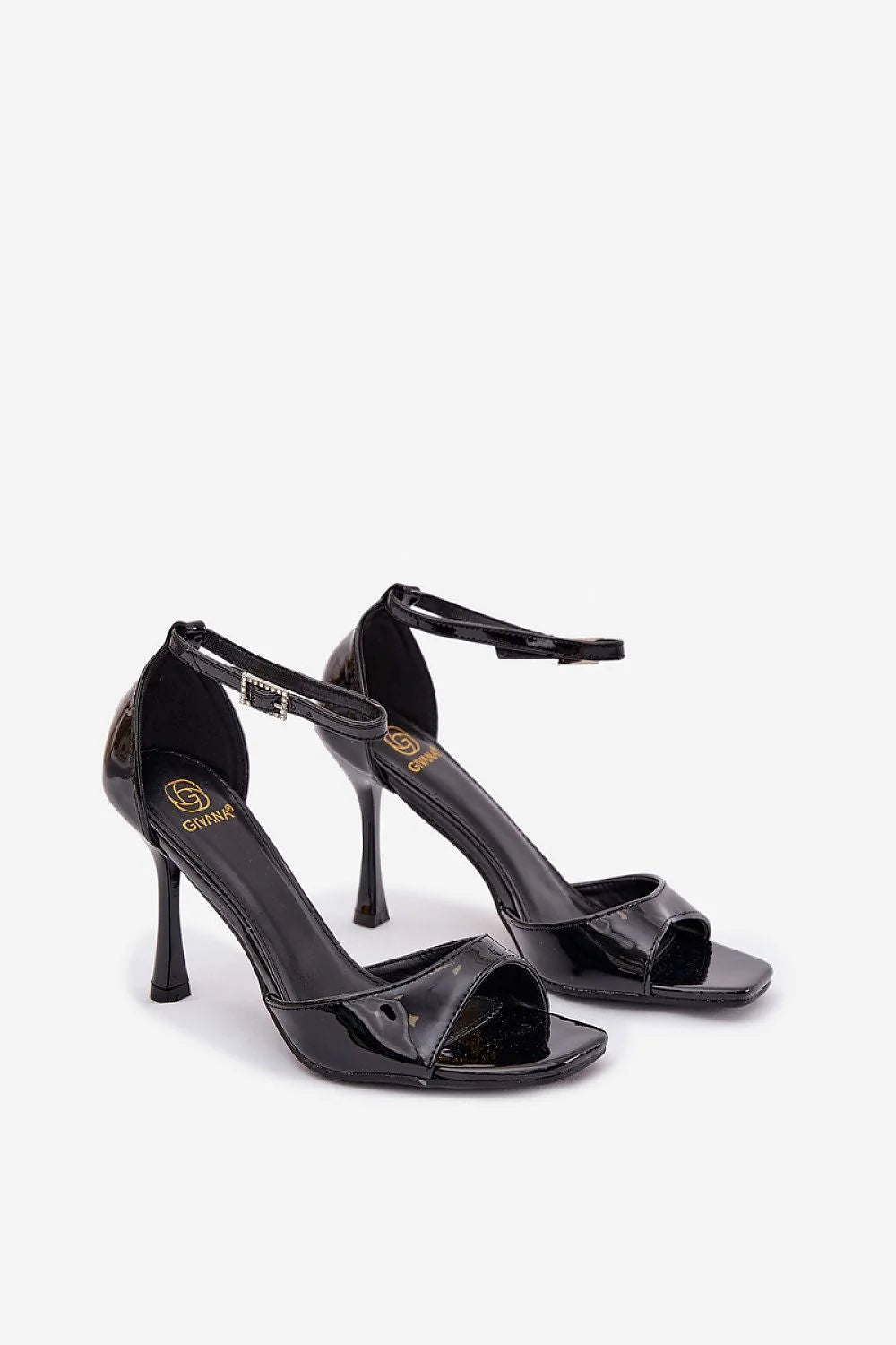 sandales talon aiguille simili cuir verni noir bride cheville réglable boucle strass large empeigne ouverte élégante soirée habillée silhouette allongeante