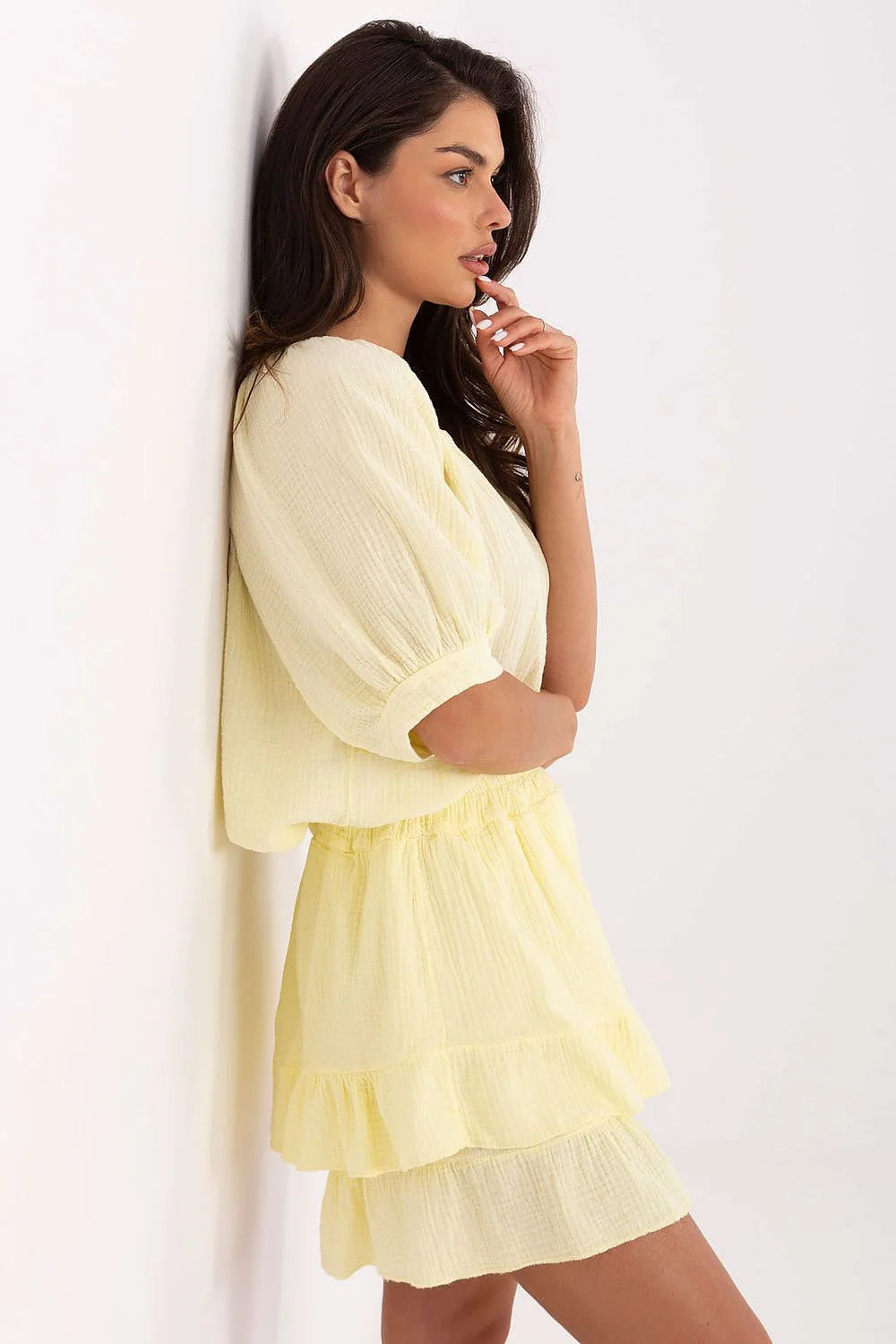 Ensemble Och Bella - Chemise et Jupe Volants en Mousseline de Coton Jaune Pastel Femme Été Décontracté