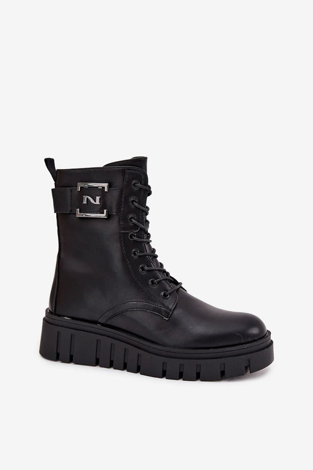 bottines femme combat plateforme cuir synthétique noir tige mollet laçage fermeture éclair latérale boucle métallique semelle crantée doublure fourrure
