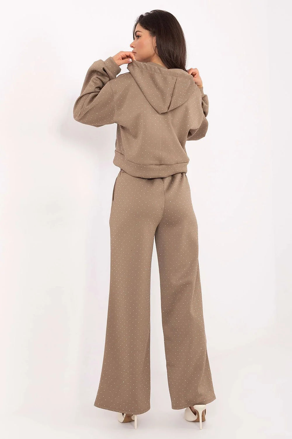 ensemble survêtement femme élégant confortable sweat capuche zippé cordon pantalon taille haute jambes larges poches strass viscose polyester