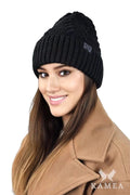 Bonnet d'hiver élégant pour femme en maille noire tricot côtelé coupe ajustée automne hiver