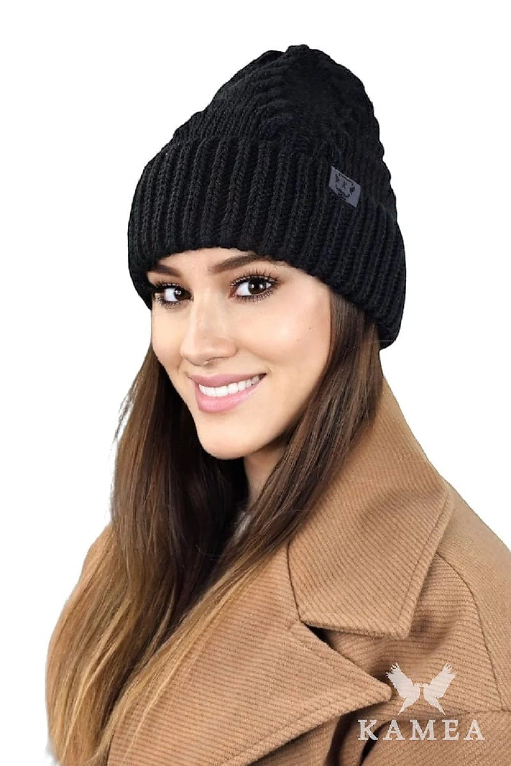 Bonnet d'hiver élégant pour femme en maille noire tricot côtelé coupe ajustée automne hiver
