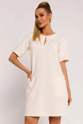Robe de jour maille coupe A encolure V manches courtes couleur ivoire taille non cintrée femme
