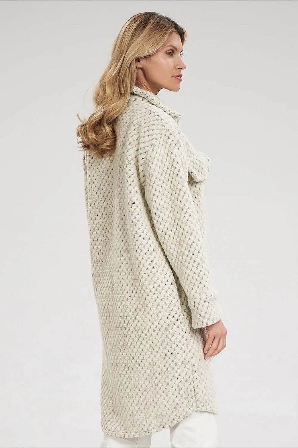 Manteau Figl tweed blanc cassé élégant raffiné boutons poches rabat motifs losanges classique