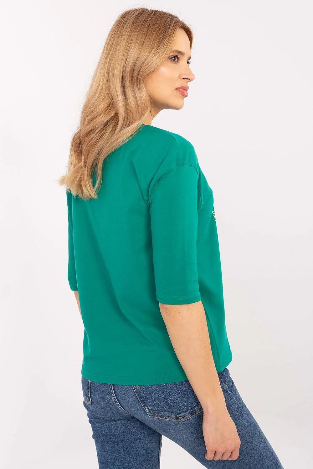chemisier femme vert émeraude manches troisquarts encolure ronde jersey coton stretch doux respirant imprimé graphique cœur lettrage kind heart décontracté