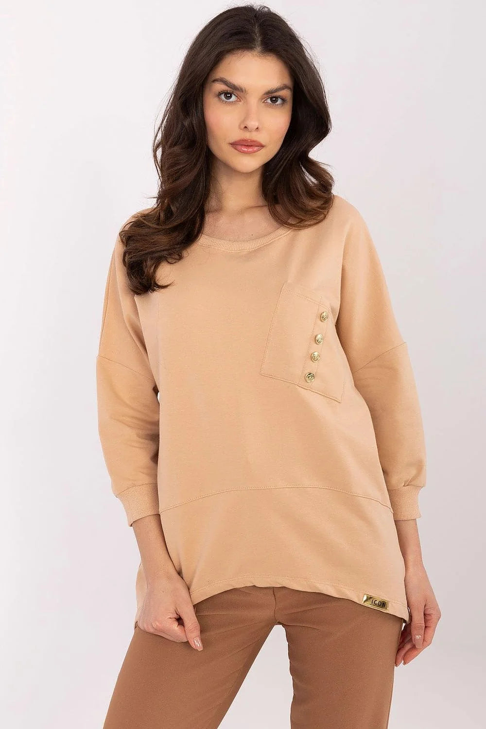 chemisier élégant confortable coton extensible élasthanne col rond manches trois quarts poche boutons décoratifs longueur tunique polyvalent femme