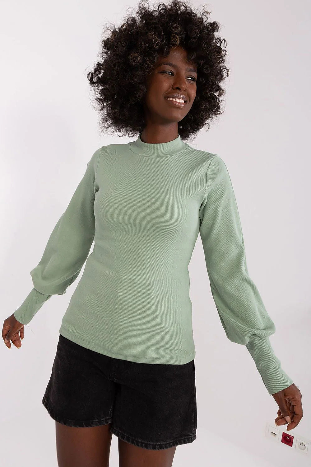 Chemisier femme Rue Paris manches longues coton élasthanne sage vert coupe ajustée poignets larges mode élégante