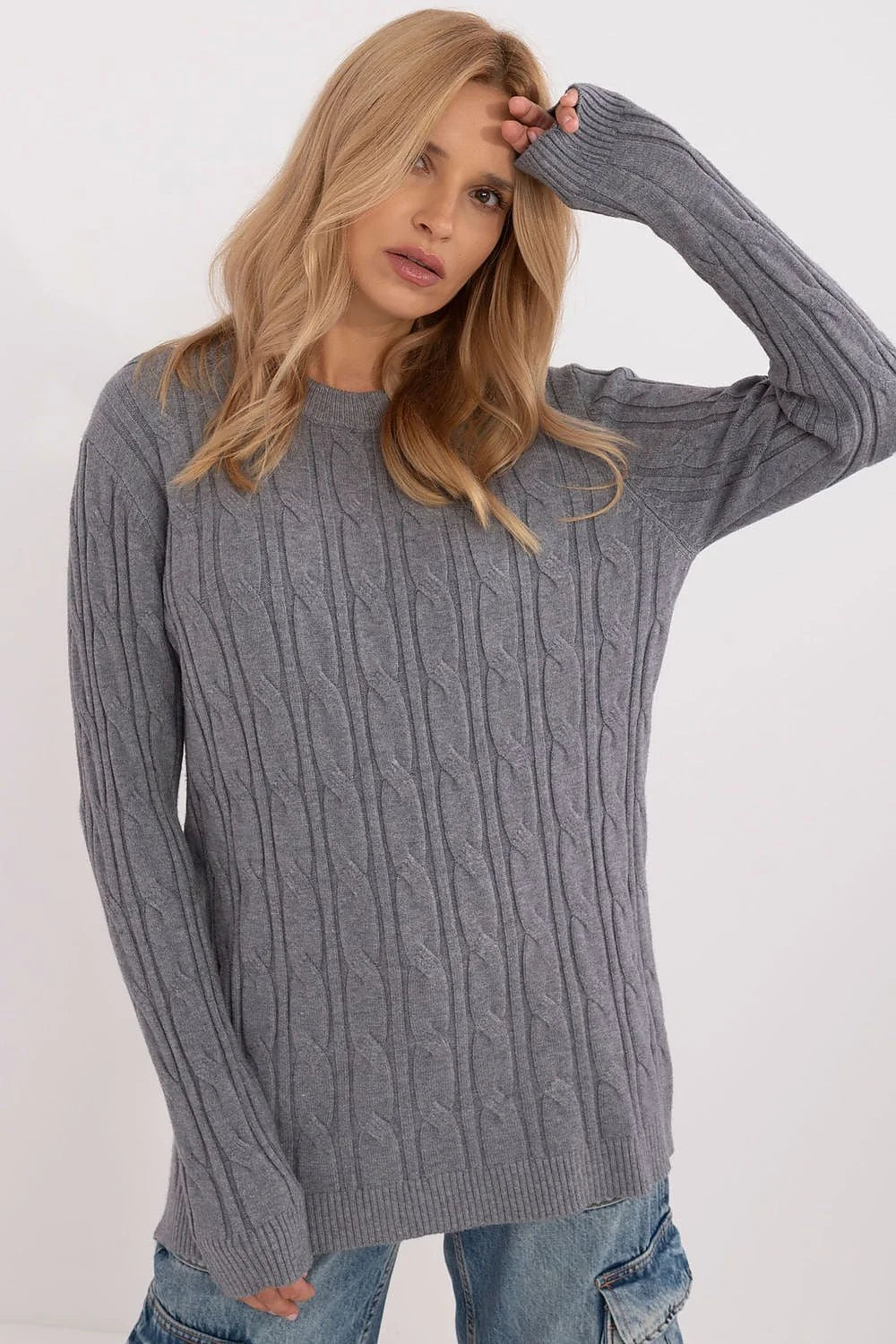 Pull-over féminin casual moderne avec motif torsadé gris manches longues coupe ample en maille douce et élastique