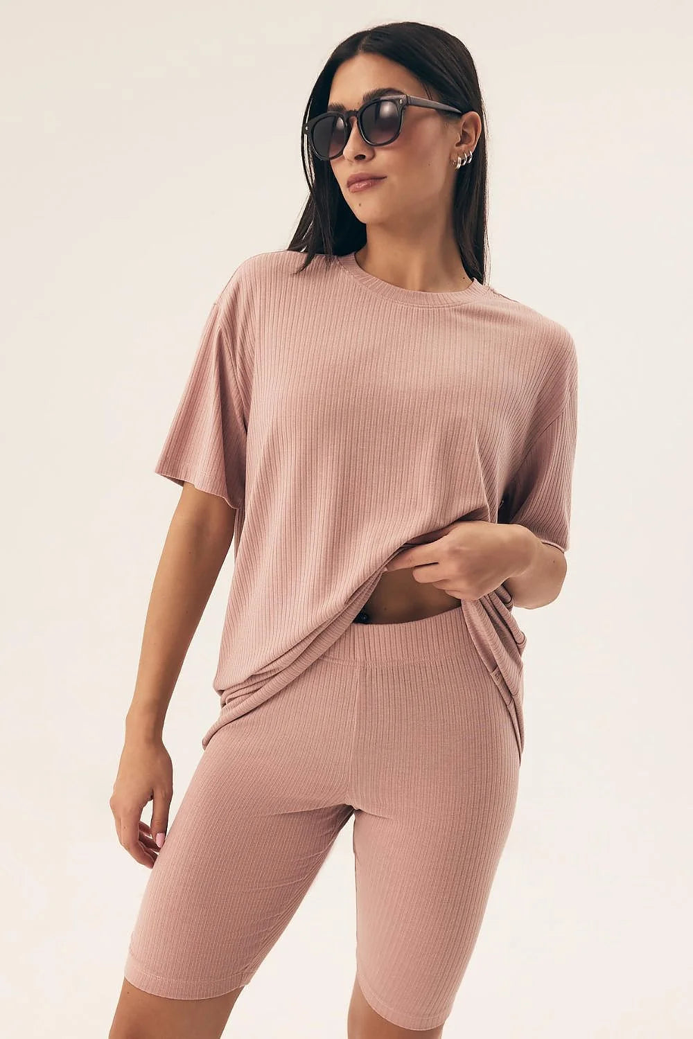 Pyjama Henderson femme confortable élégante tissu côtelé rose doux ample semi-circulaire leggings élastique genou