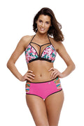 Bikini multicolore en Lycra design moderne floral sexy avec lanières découpées mode plage tendance