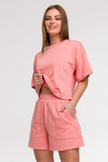Ensemble t-shirt et short Be Wear style décontracté modern coupe ample manches courtes col rond épaules tombantes ceinture élastique poches latérales couleur rose saumon femme