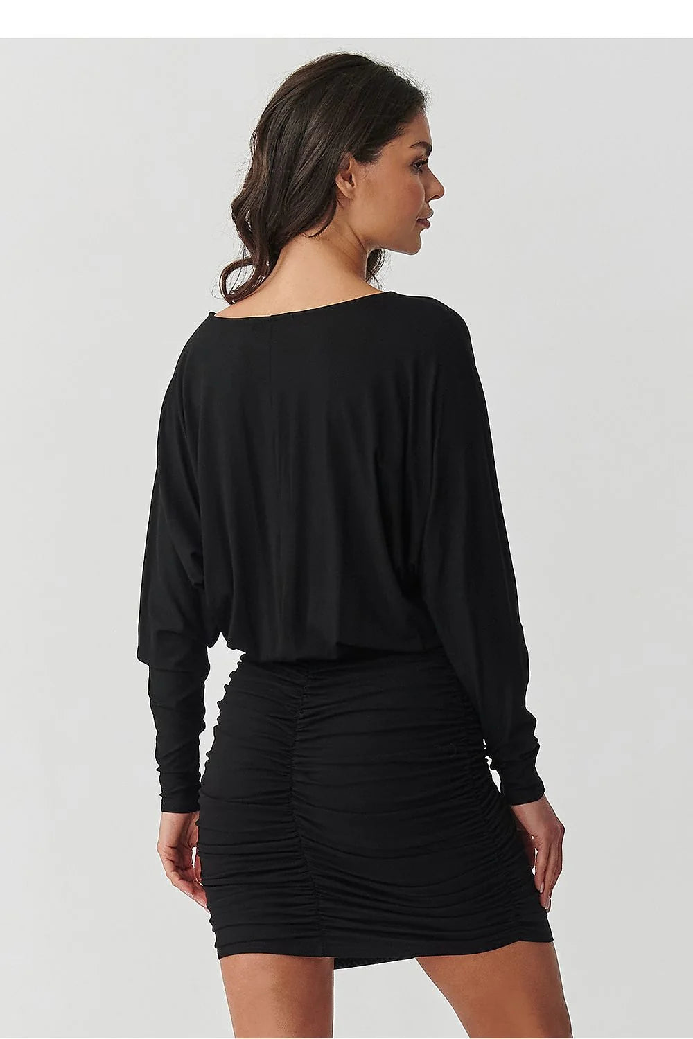 robe courte femme noire manches longues blouson col rond taille haute jupe moulante froncée jersey extensible drapé élégant soirée chic