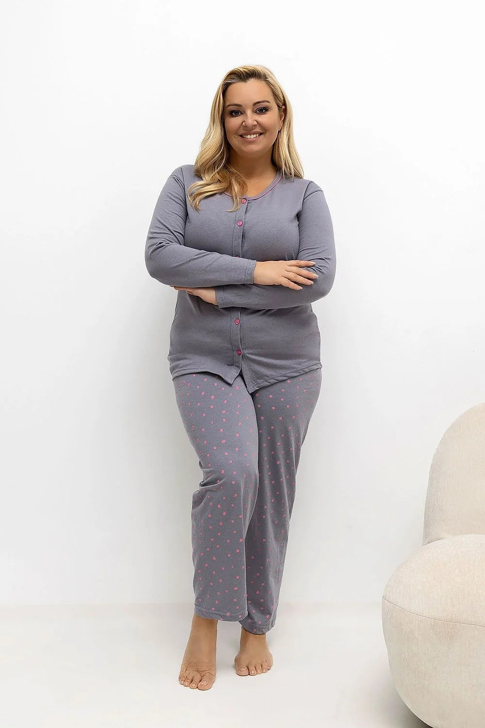 pyjama femme grande taille haut boutonné manches longues col rond pantalon long pois rose jersey extensible confortable coupe relaxed