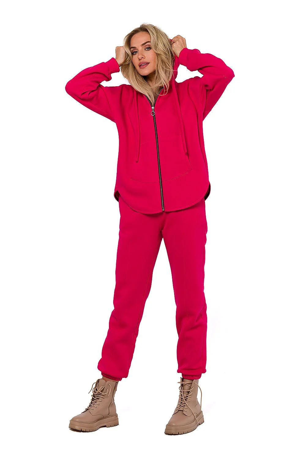 Pantalon survêtement Moe rose vif, haut sans manches beige, style décontracté, coupe ajustée, tissu coton polyester, tailles S à XXL