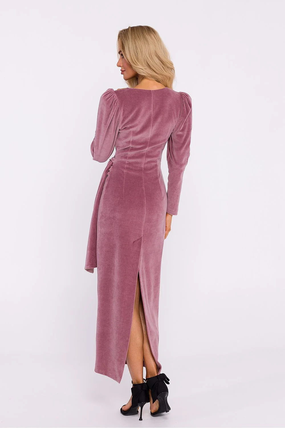 Robe de soirée élégante longue manches longues décolleté en V croisé velours rose poussiéreux ceinture nouée femme