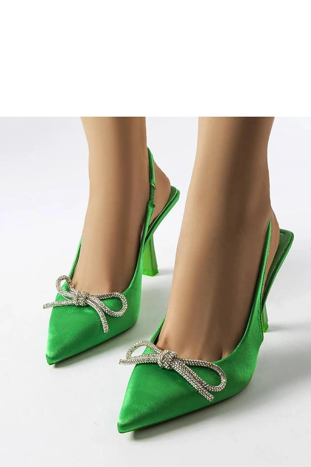 Escarpins à talons hauts Solea, design pointu, satin vert vif, nœud strass, slingback, collection été, femmes élégantes