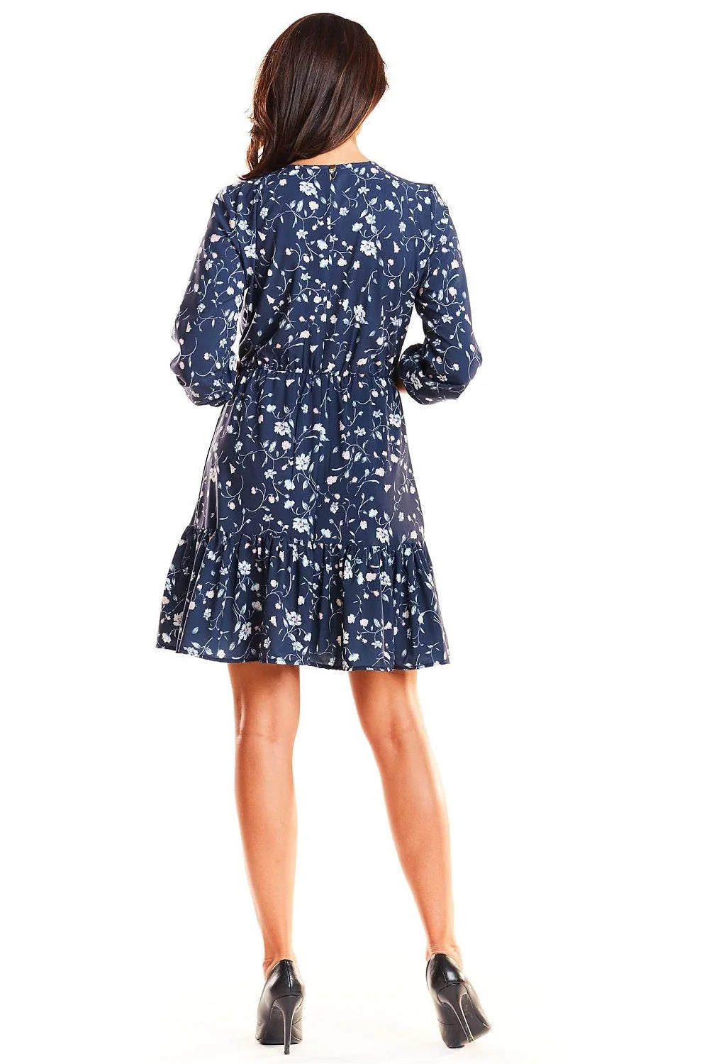 Robe floral léger évasée bleu marine décontractée élégante femme manches longues tissu printanier mode