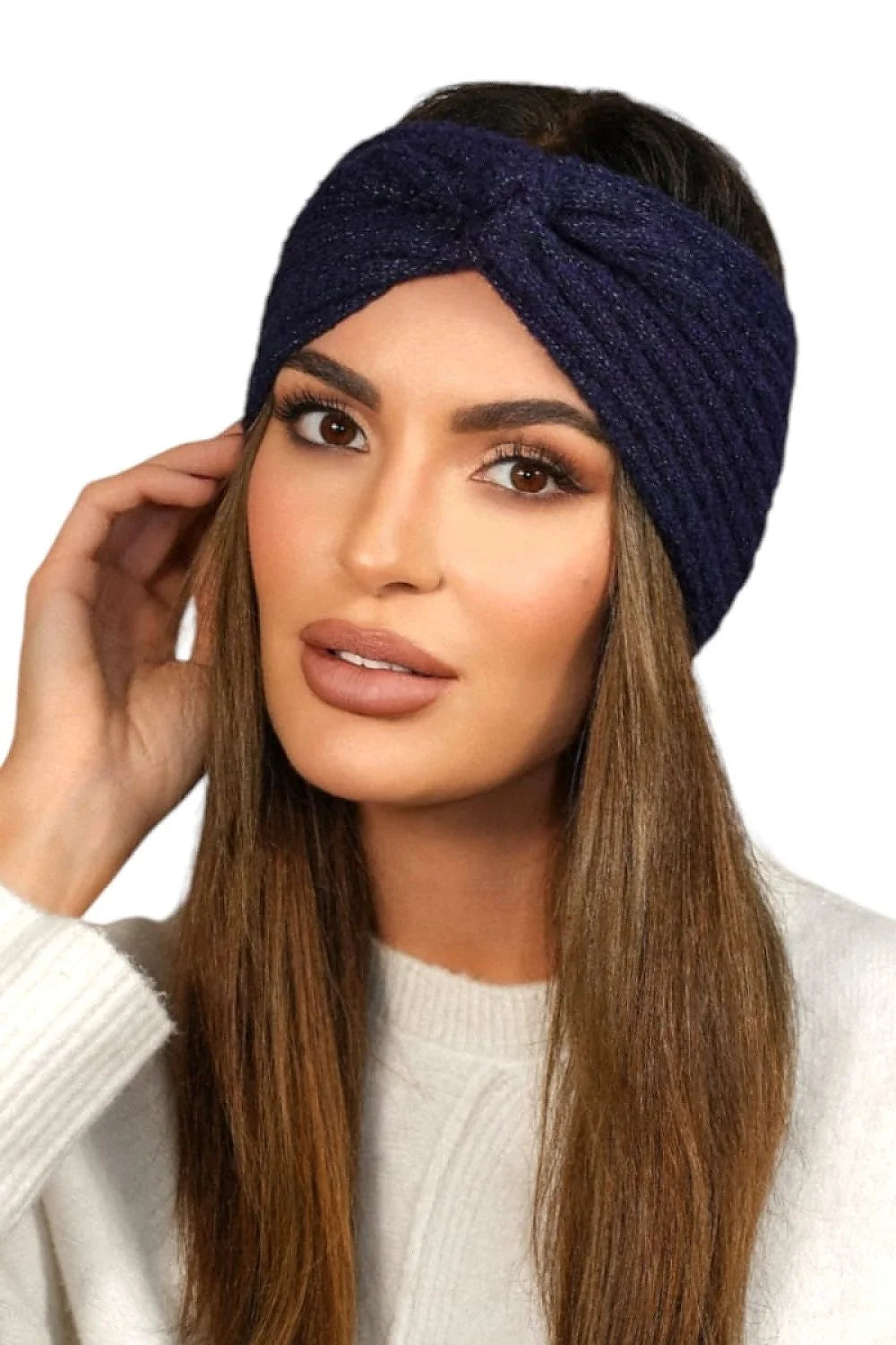 Bandeau Kamea élégant bleu marine tricoté laine alpaga polyester élasthanne torsadé chic femme automne hiver