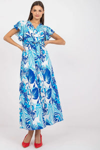 Robe imprimée feuilles tropicales bleu turquoise manches courtes encolure V ceinture ample fluidité fentes latérales dentelle motifs estivaux