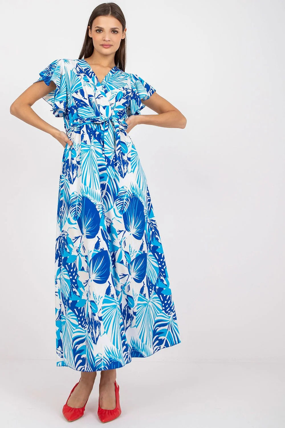 Robe longue imprimée tropical bleu turquoise manches courtes encolure V ceinture taille femme été 2023