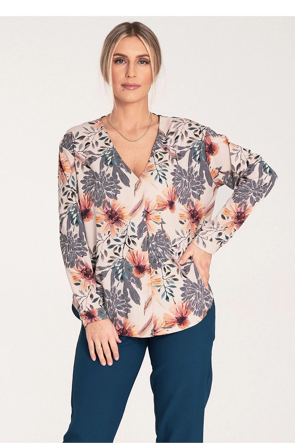 Chemise élégante pour femme motif floral audacieux manches longues coupe décontractée encolure en V femmes