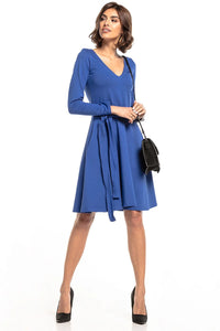 Robe en coton bleu élégante Tessita manches longues col V ceinture intégrée pour femmes