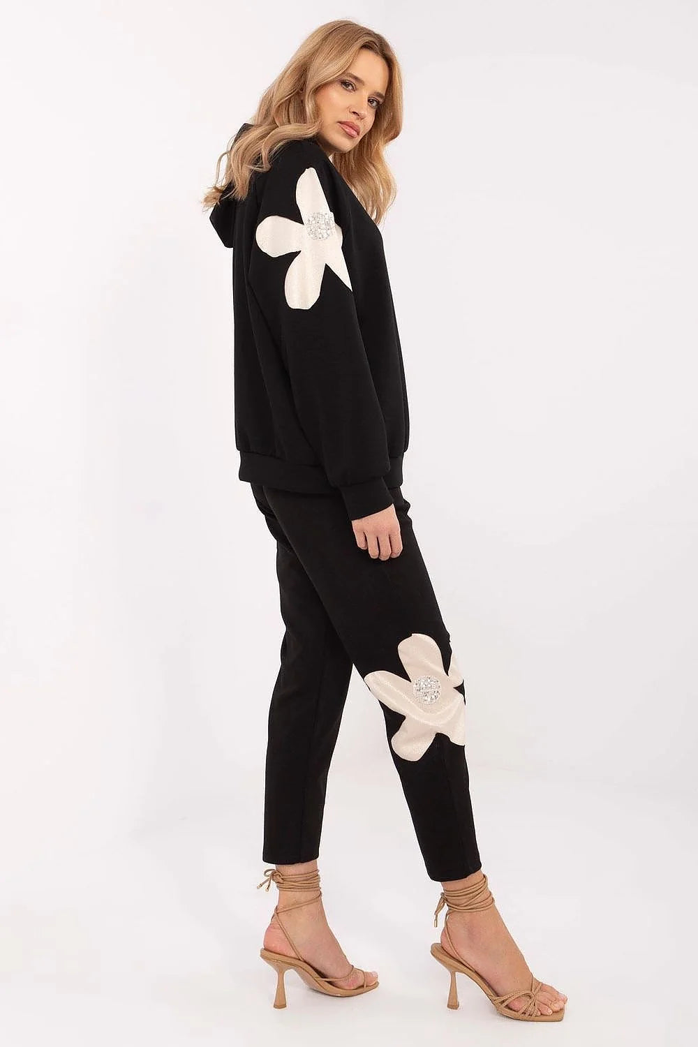 Ensemble coordonné Italy Moda pour femme, sweat et pantalon noir floral, style moderne décontracté, matériau confortable, coupe ample élastiquée