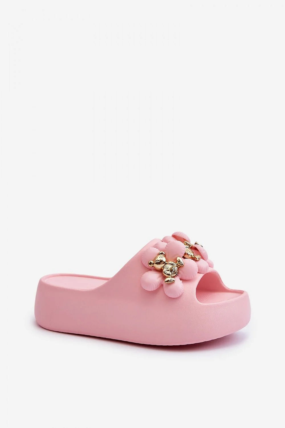 sandales femmes rose pâle modernes ludiques confortables estivales slipon bout ouvert plateforme mousse épaisse semelle amortie appliques fleurs perles dorées