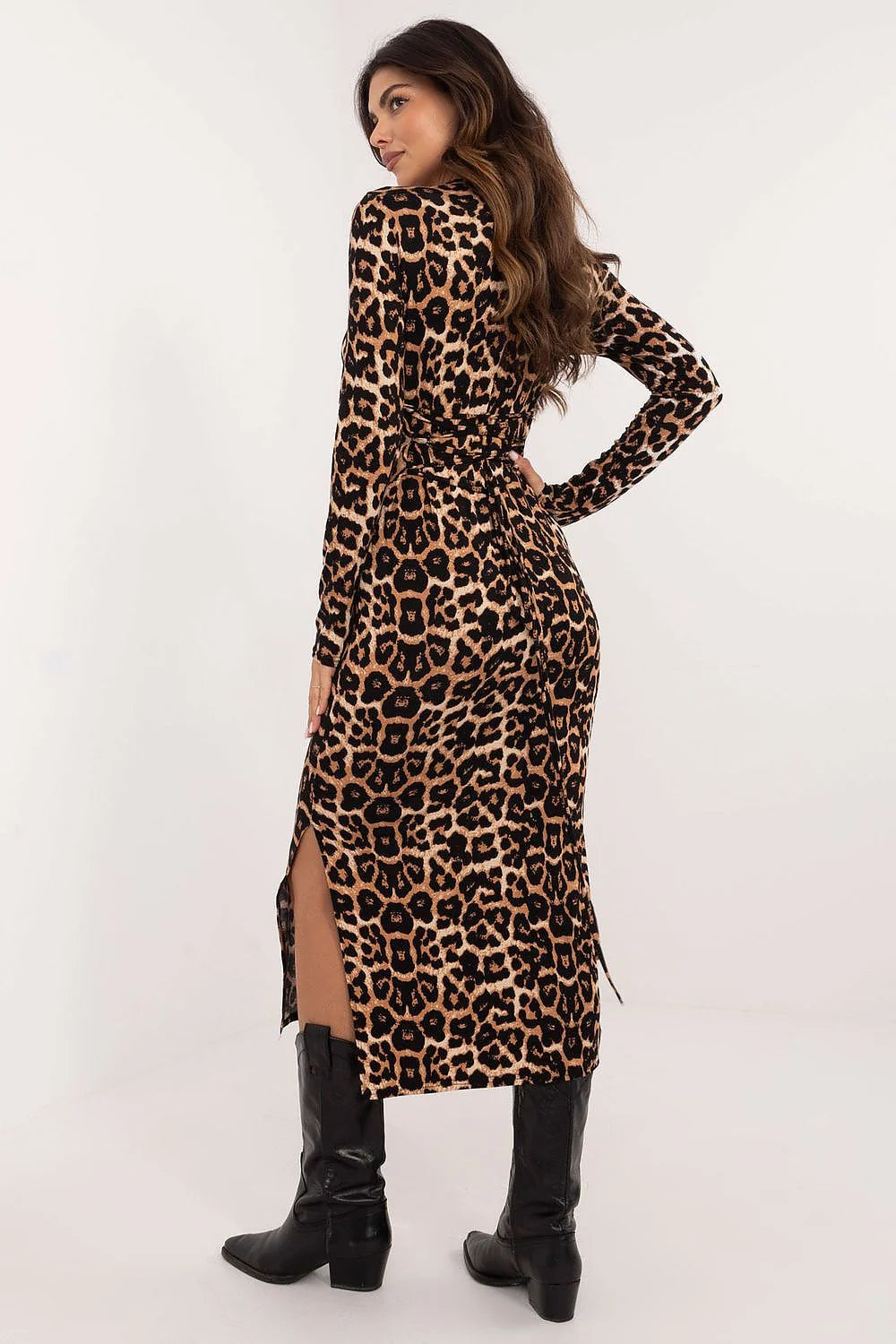 Robe de jour audacieuse Lakerta motif léopard viscose aérée coupe crayon manches longues longueur midi femmes élégance quotidien travail
