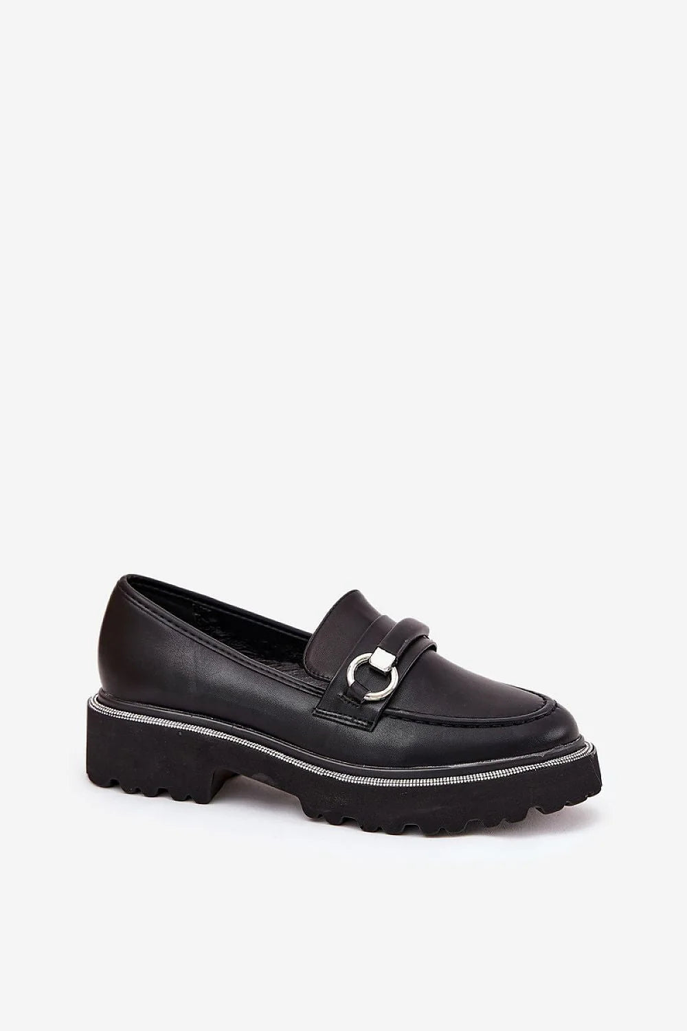 mocassins femme cuir artificiel noir bout rond bride décorative anneau métallique argenté semelle épaisse crantée antidérapante plateforme maintien confort