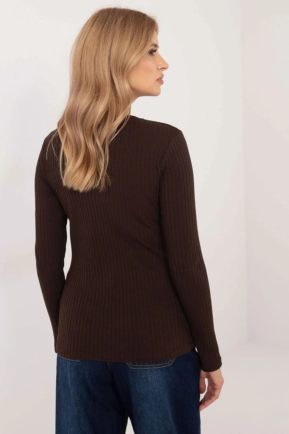 chemisier femme marron foncé motif animalier manches longues coton élasthanne côtelé maille fine extensible col rond coupe slim empiècements dorés
