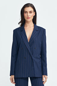 Veste croisée femme double boutonnage rayures classiques bleu marine beige taille ajustée blazer élégant professionnel