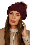 Bonnet Kamea pour femme en laine et polyacryl, style bordeaux, pompon en fausse fourrure, coupe classique, automne hiver, Pologne