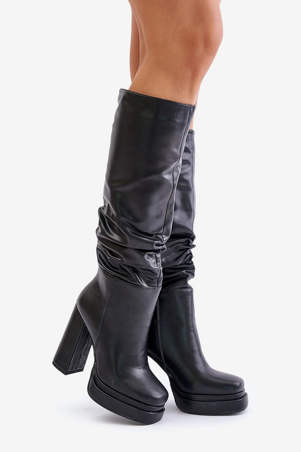 bottes hautes femme cuir artificiel noir brillant froncée mollet talon bloc imposant plateforme épaisse bout rond stabilité rétro chic