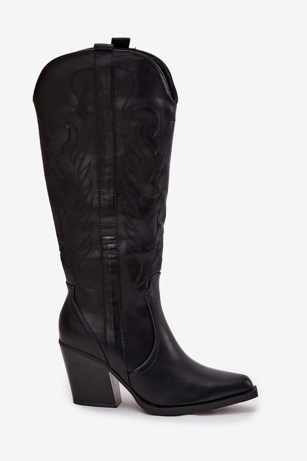 bottes cowgirl femme ecocuir noir lisse western hautes tige 37cm talon colonne 8cm bout pointu broderie tonale doublée chaleur confort