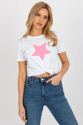 T-shirt femme court manches courtes encolure ronde motif étoile rose coton elasthanne taille ajustable