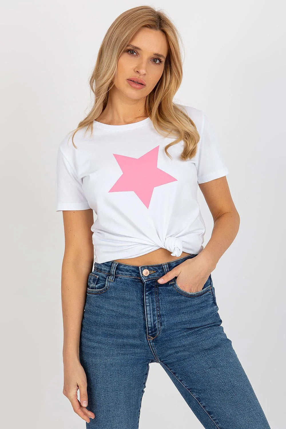 T-shirt femme court manches courtes encolure ronde motif étoile rose coton elasthanne taille ajustable