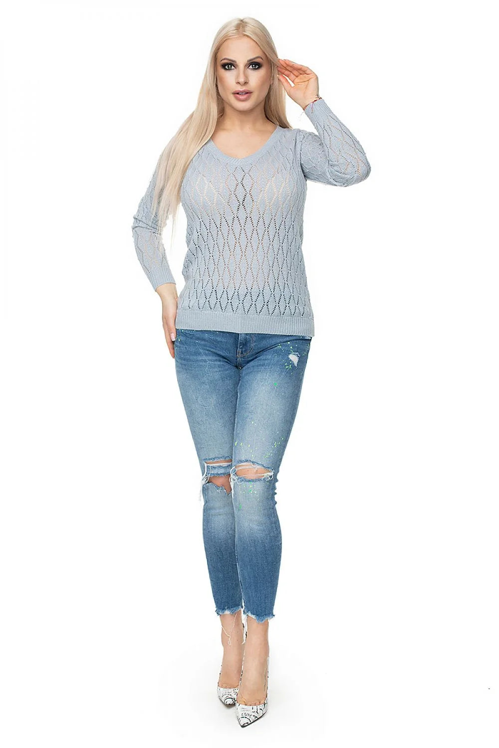 Chandail féminin à encolure V en maille ajourée motif losange couleur rouge vif manches courtes ajusté