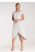 Robe de jour asymétrique en viscose manches courtes encolure superposée taille ajustable pour femme
