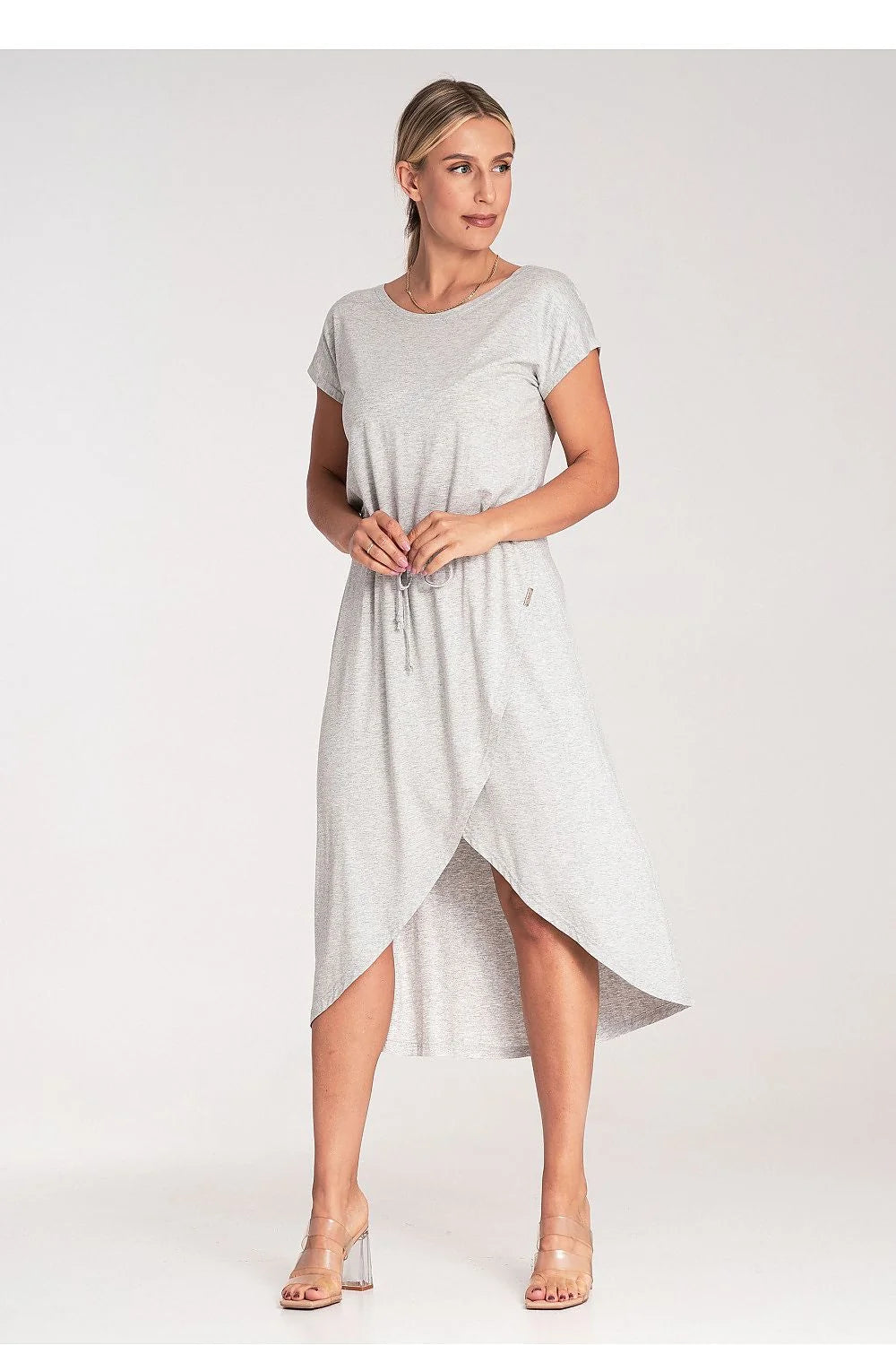 Robe de jour asymétrique en viscose manches courtes encolure superposée taille ajustable pour femme