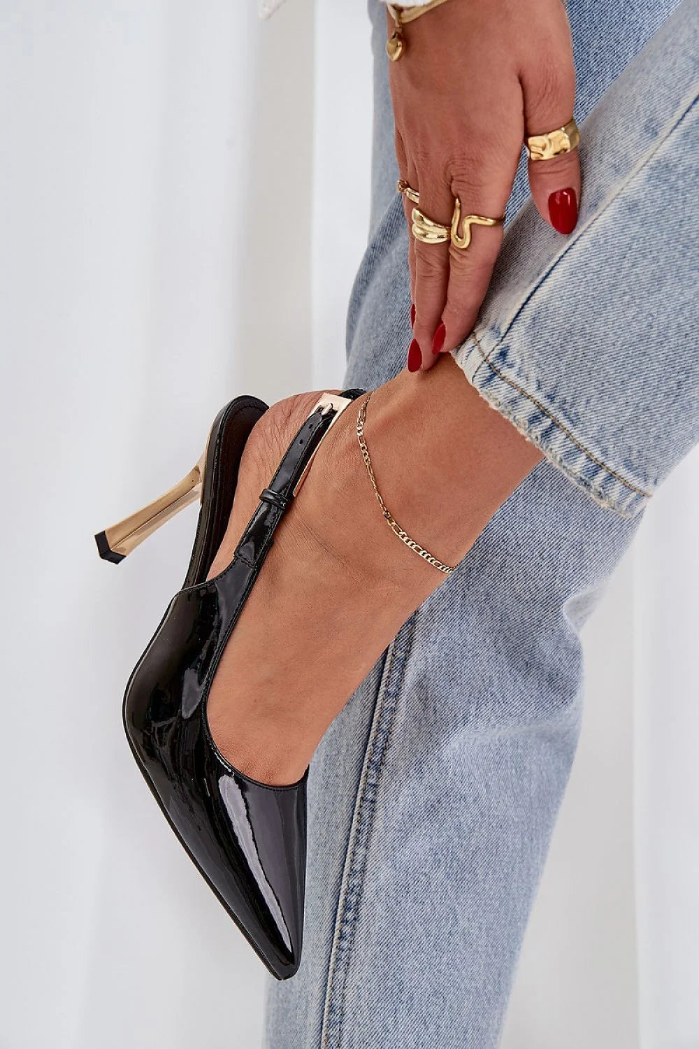 Escarpins à talon stiletto haut slingback pointu doré verni cuir artificiel femmes soirées événements élégance