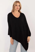 Pull femme moderne asymétrique maille noire longues manches encolure V coupe asymétrique matériau mixte acrylique viscose laine polyamide