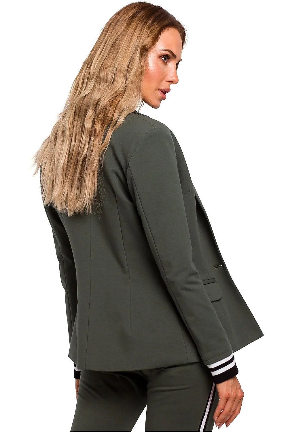 Blazer femme tissu camel moderne élégant manches rayées chic décontracté coupe ajustée mode tendance