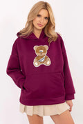 Sweatshirt Femme Casual Playful Design Écru Patch Ours Embroidery Oversized Drop Shoulder Longue Manches Côtelé